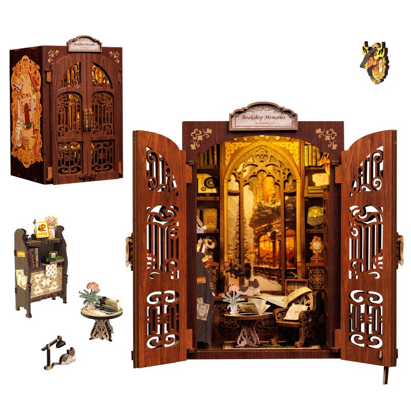 مجموعة Cutefun Book Nook Kit - مجموعة مصغرة لبيت الدمى من أجل رف الكتب وحرف الديكور للبالغين ثلاثية الأبعاد خشبية لغز الكتب عيد الميلاد للعائلة والأصدقاء (ذكريات مكتبة) - Image 1